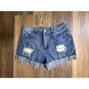 Denim Shorts Womens L Blue Excellent Distressed Ripped High Waisted